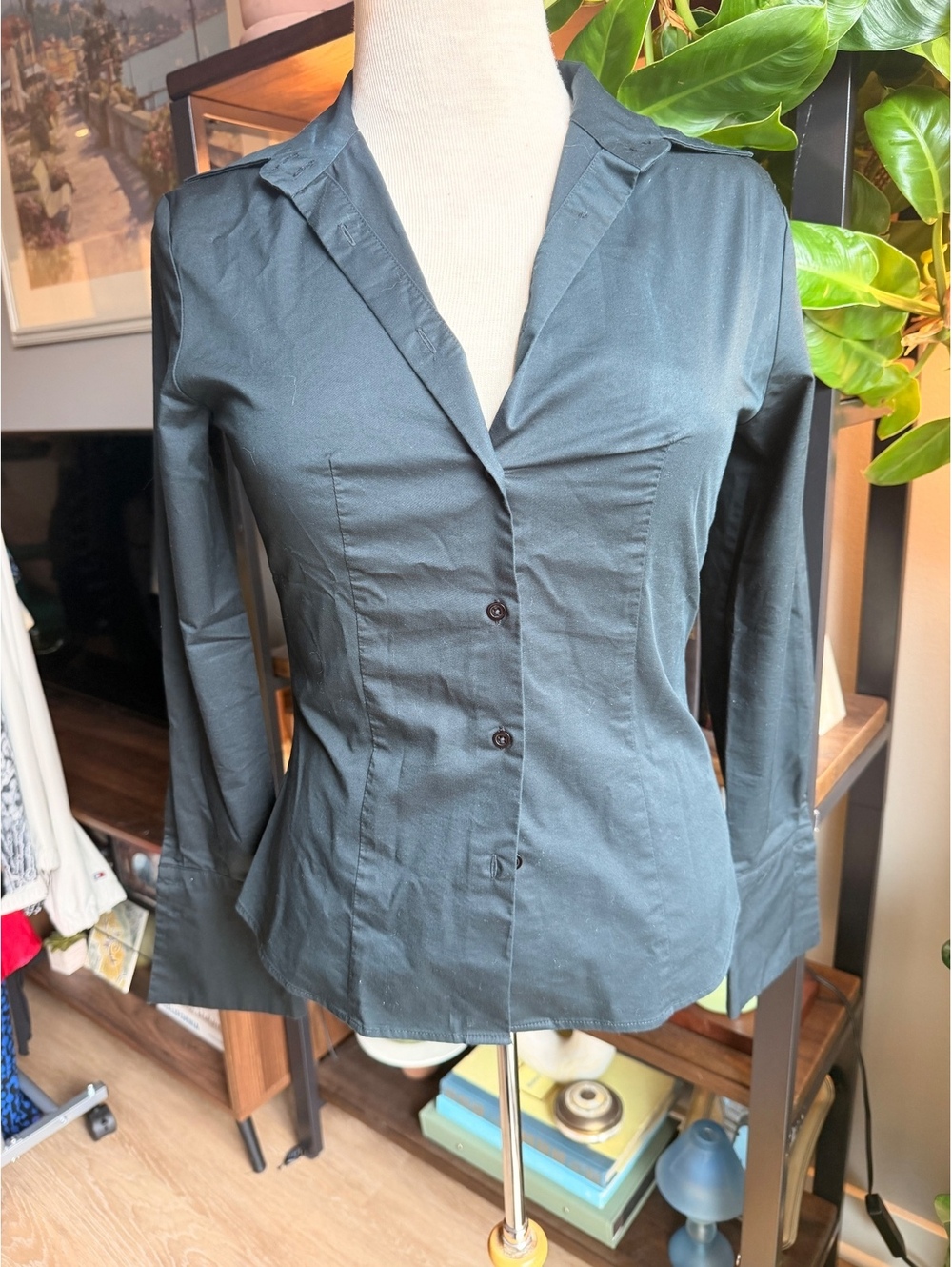Y2K Express Black Stretch Button-Up Shirt Size Small